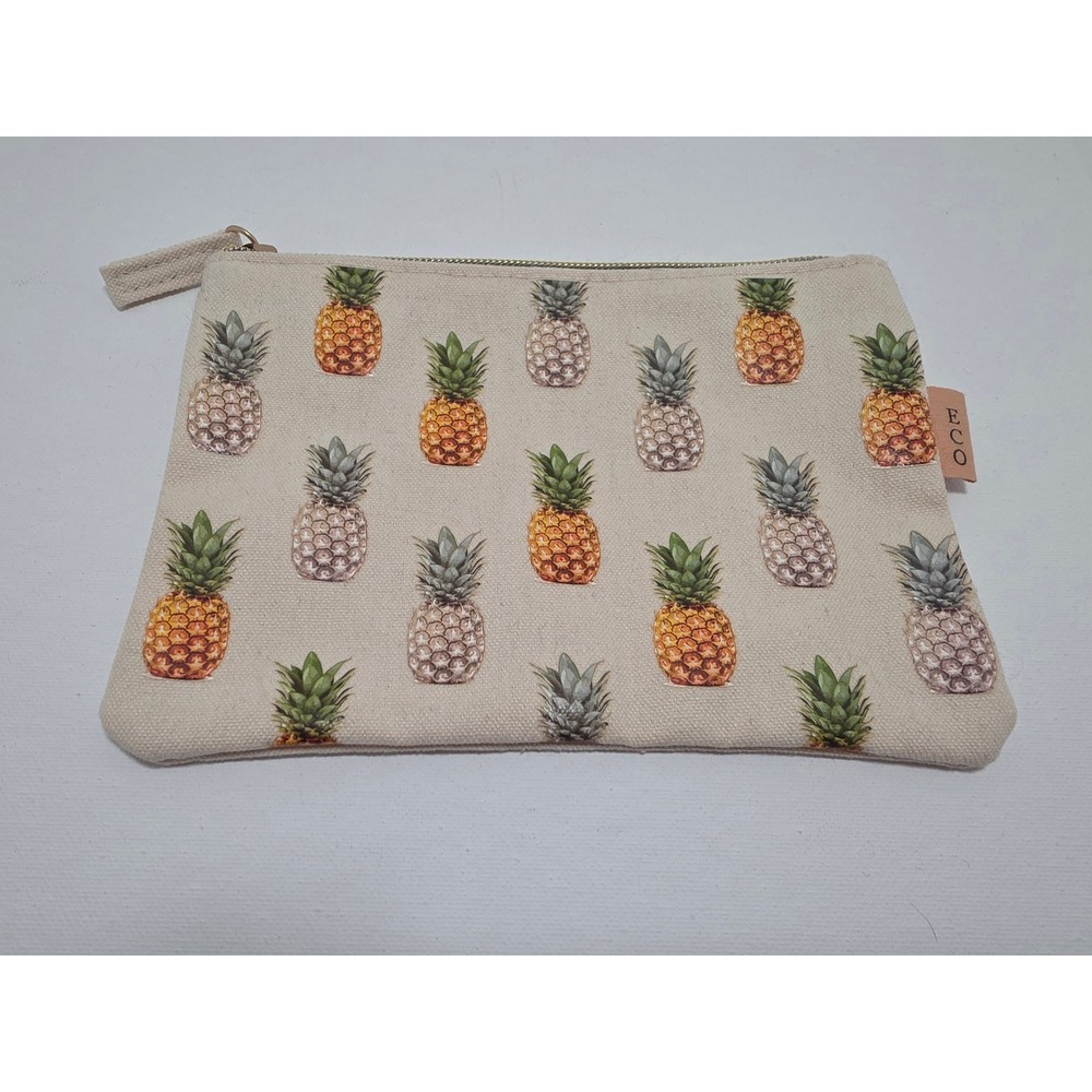 Eco Canvas Pineapple Print Makeup Pouch Zipper Clutch Bag Cream Tropical